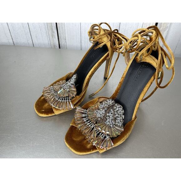 ASOS Heels Gold Yellow Velvet Stiletto Embellished Beaded Strappy Size 7 - Picture 1 of 6